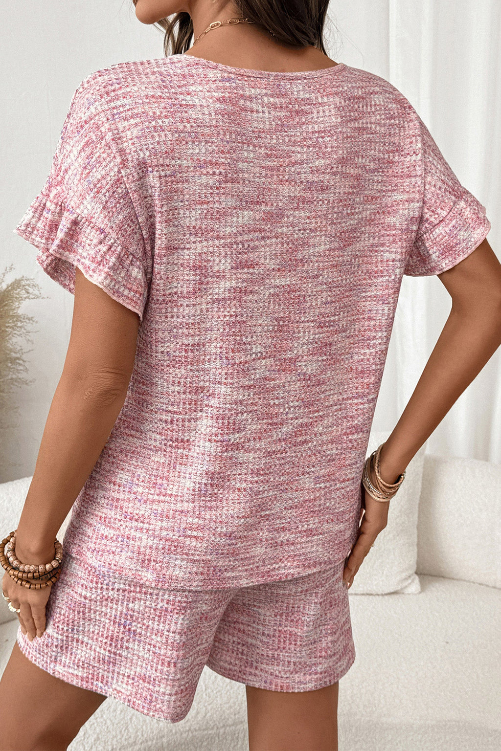 Light Pink Heather Ruffle Sleeve Top & Drawstring Shorts Set