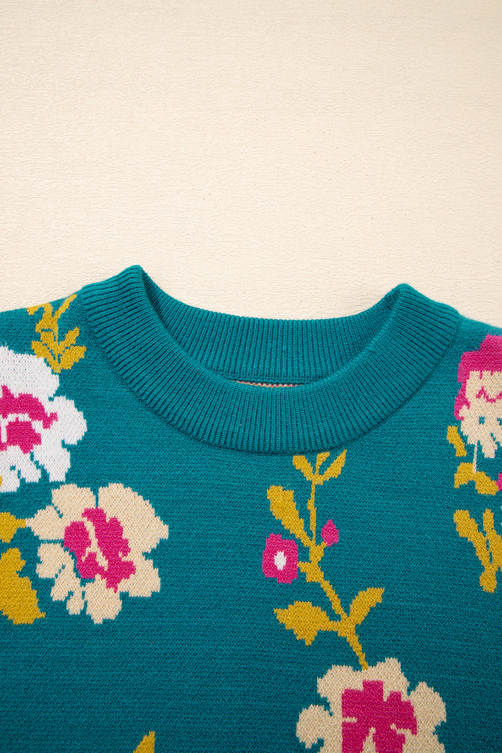 Blue Flower Pattern Mock Neck Short Sleeve Knit Tee