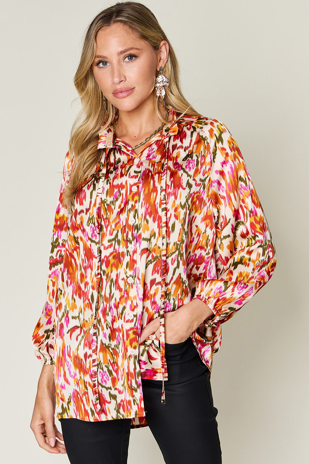 Printed Long Sleeve Button-Down Top