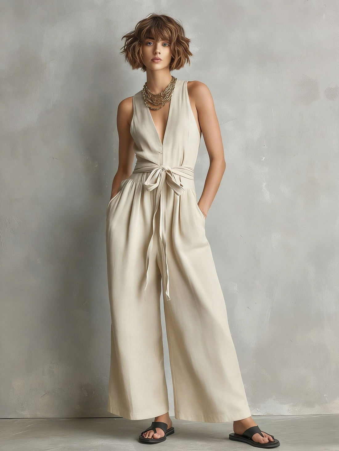 Women's V-Neck Sleeveless Jumpsuit with Waist Tie in Gray - Image 7