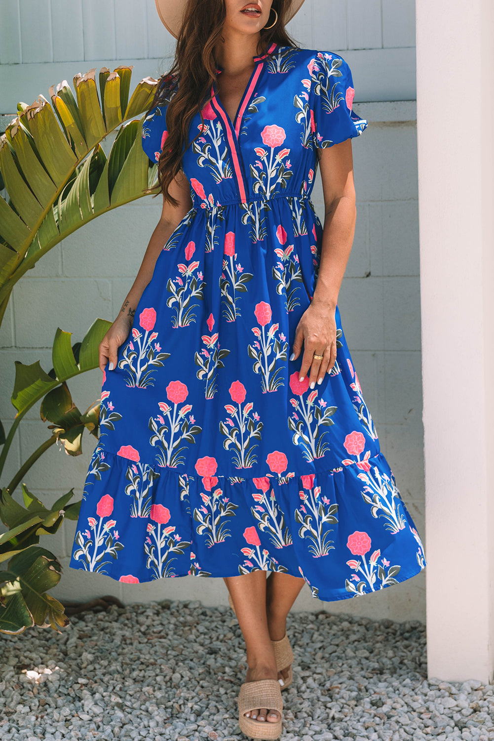 Floral Puff Sleeve V-Neck Maxi Dress