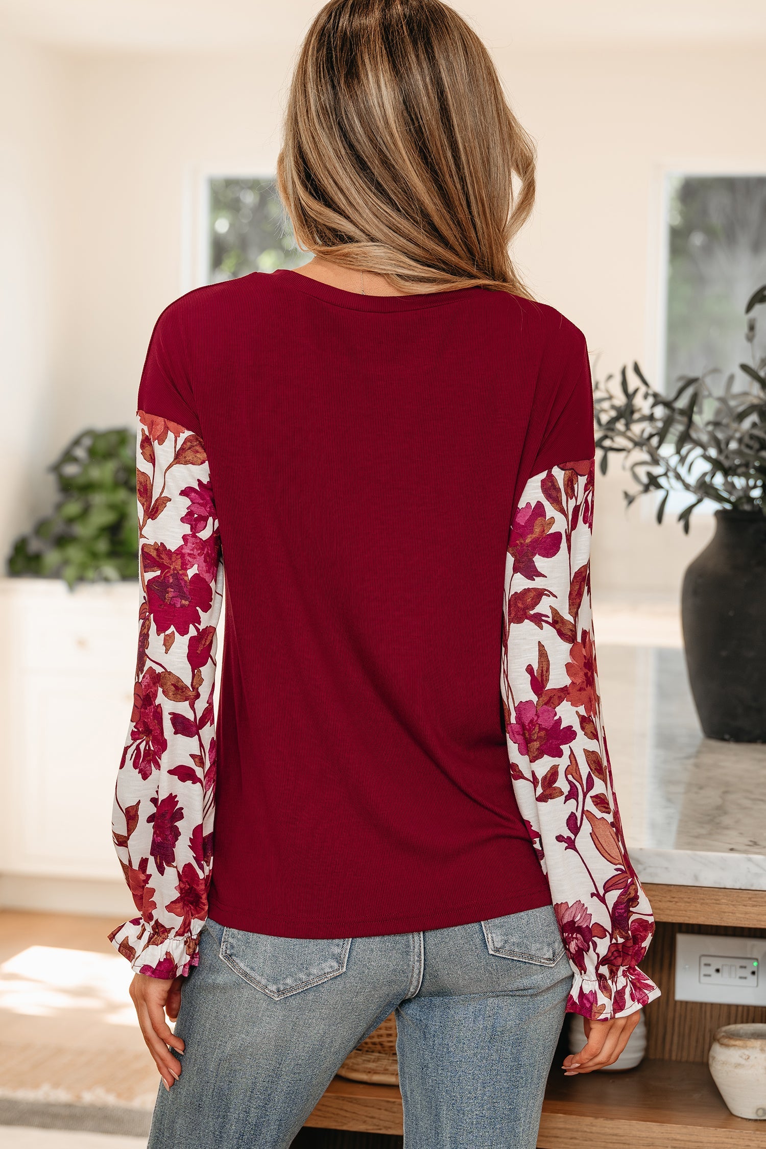 Wild Ginger Contrast Floral Sleeve Solid Ribbed Long Sleeve Top