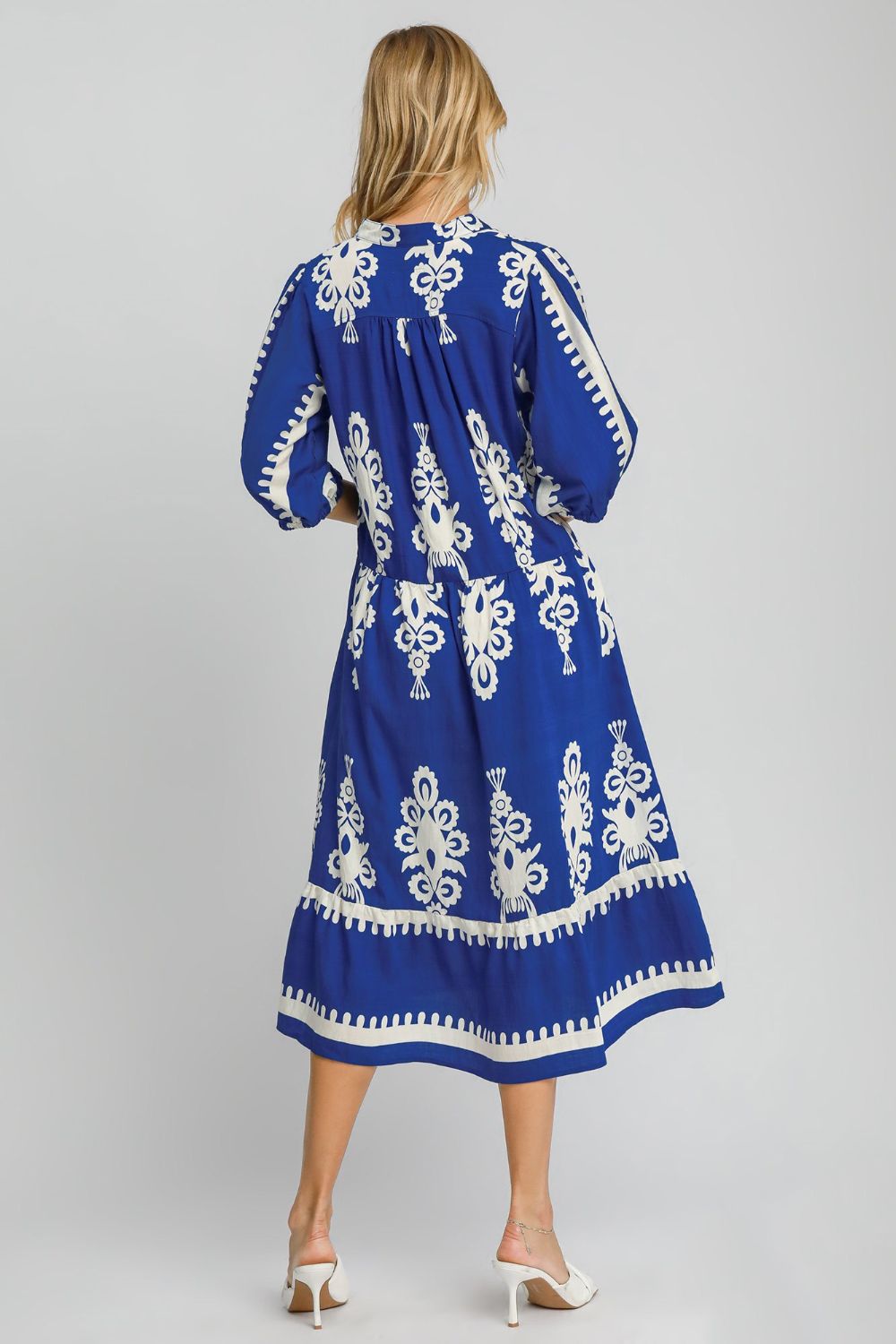 Royal Blue Printed Notched Midi Dress - Elegant Cotton Style