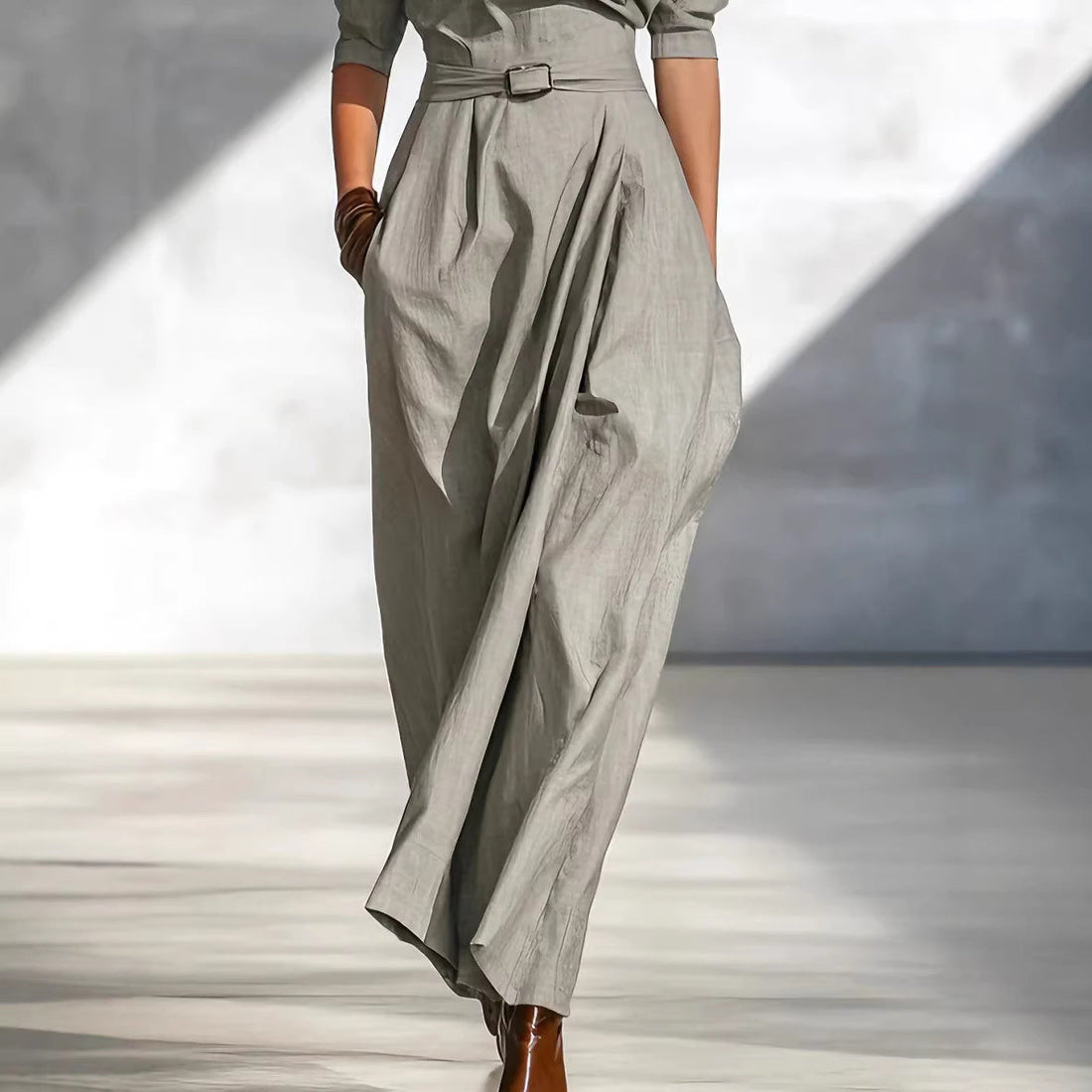 Women One-Shoulder Maxi Dress with Belted Waist and Elbow Sleeves - Image 5