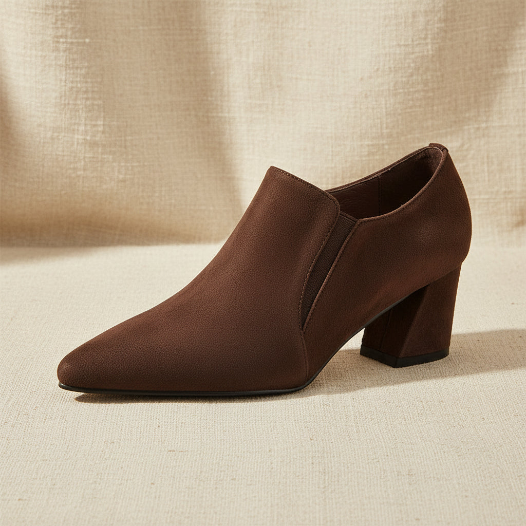 Women's Dark Brown Suede Pointed Toe Chunky Low Heel Pumps - Image 5