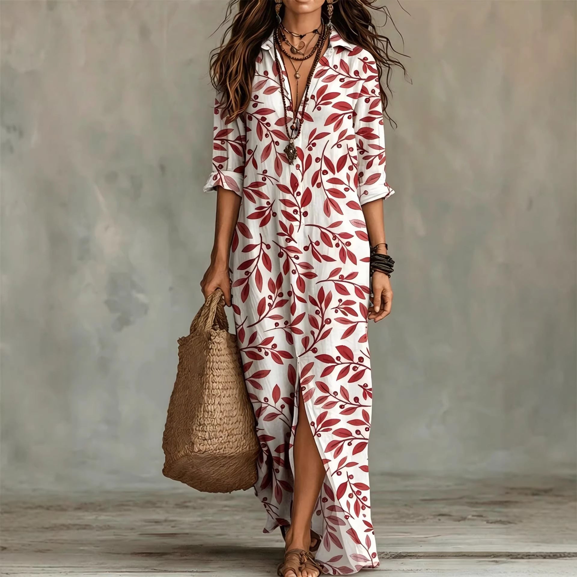 Digital Print Lapel Midi Shirt Dress with 3/4 Sleeves - Image 3