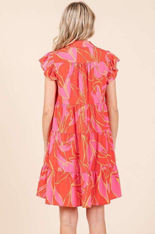 Leaf Print Ruffle Sleeve Tiered Mini Dress in Red, Pink, Orange