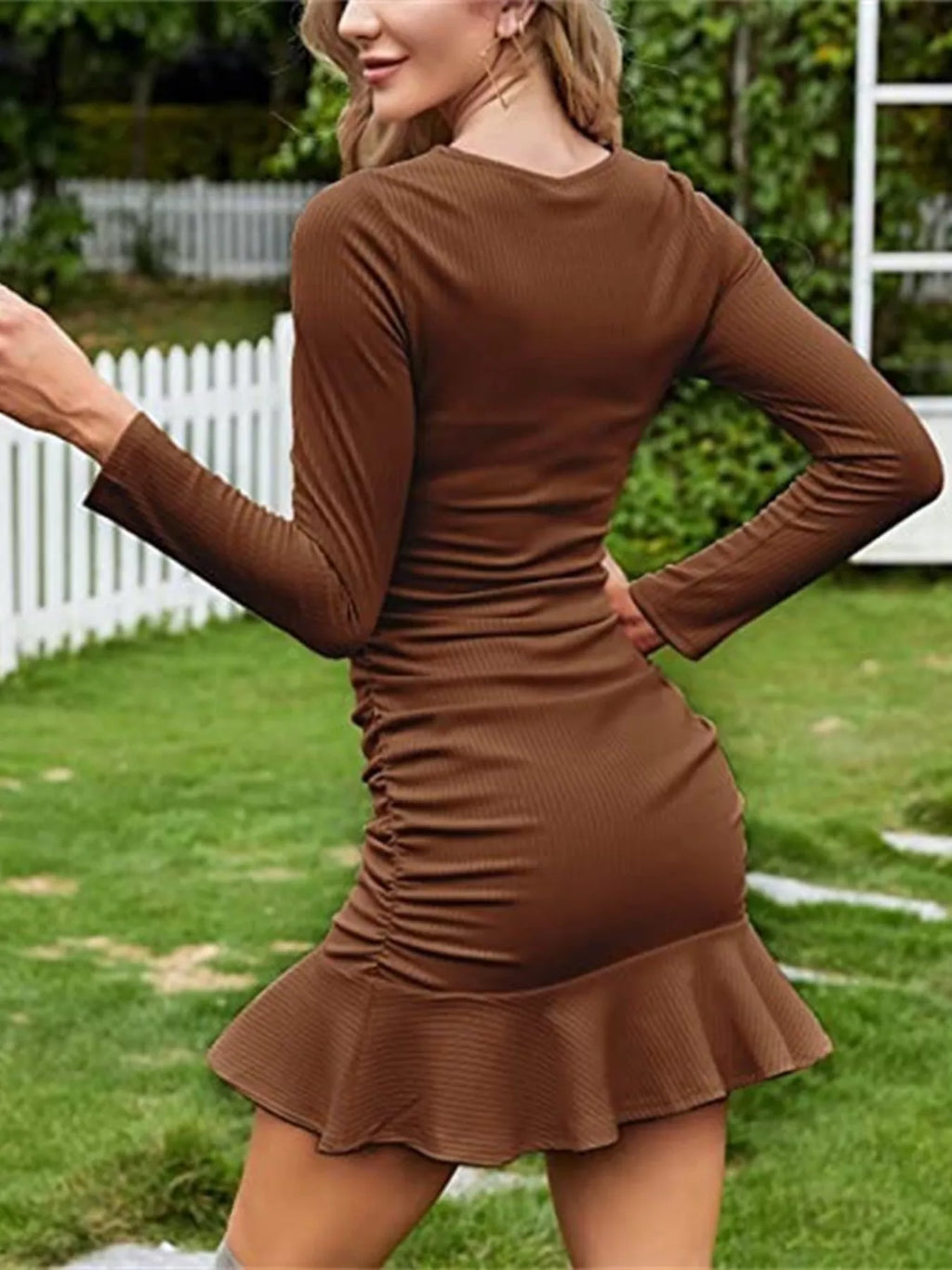 Full Size Ruffled Hem Round Neck Long Sleeve Dress Plus Size