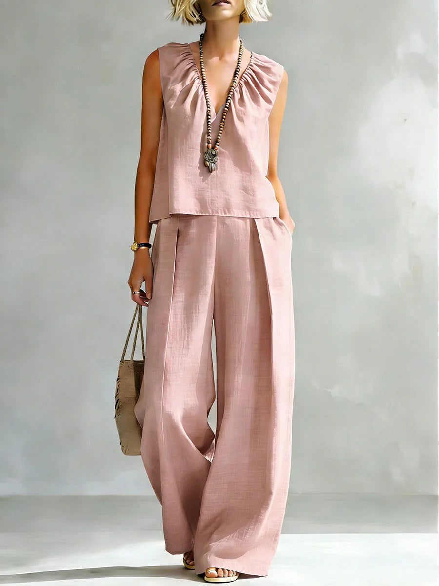 Women's Sleeveless Cotton-Linen Blouse and Wide-Leg Pants Set - Image 10