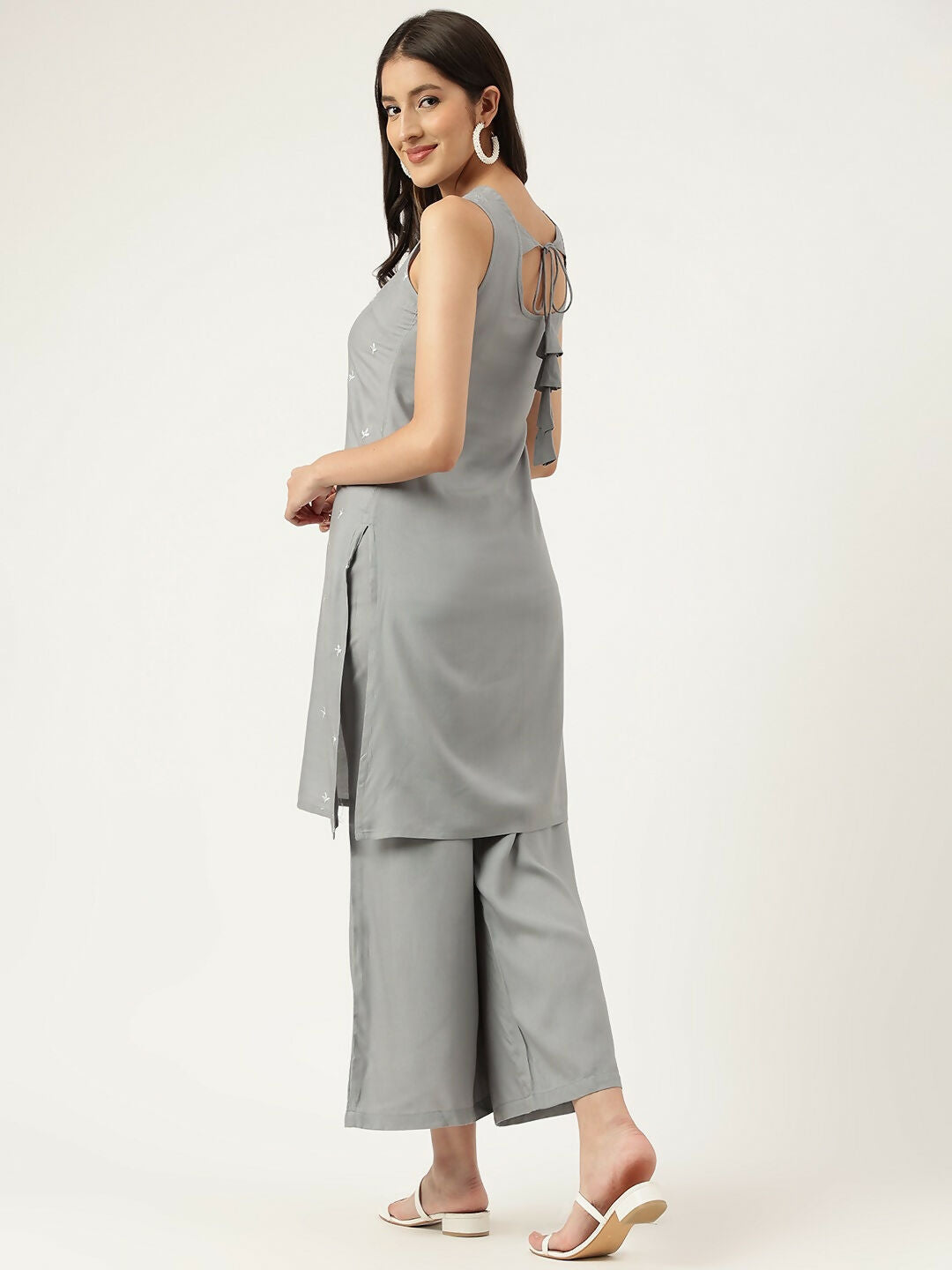 Grey Rayon Straight Kurta and Bottom Set with Embroidered Work