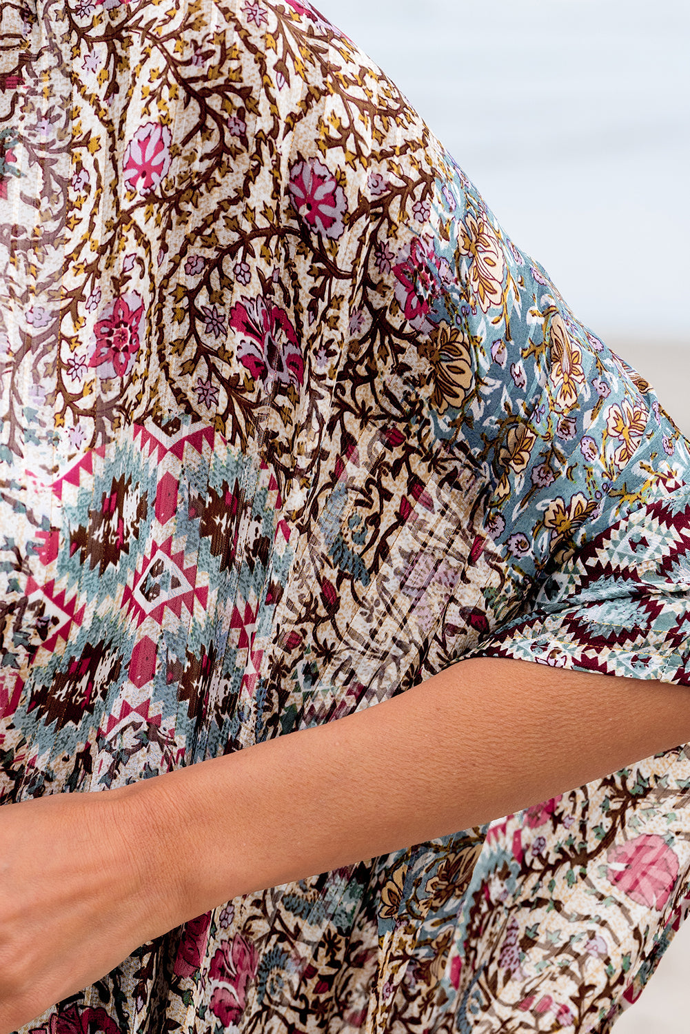 Apricot Floral Print Short Wide Sleeve Open Front Loose Kimono