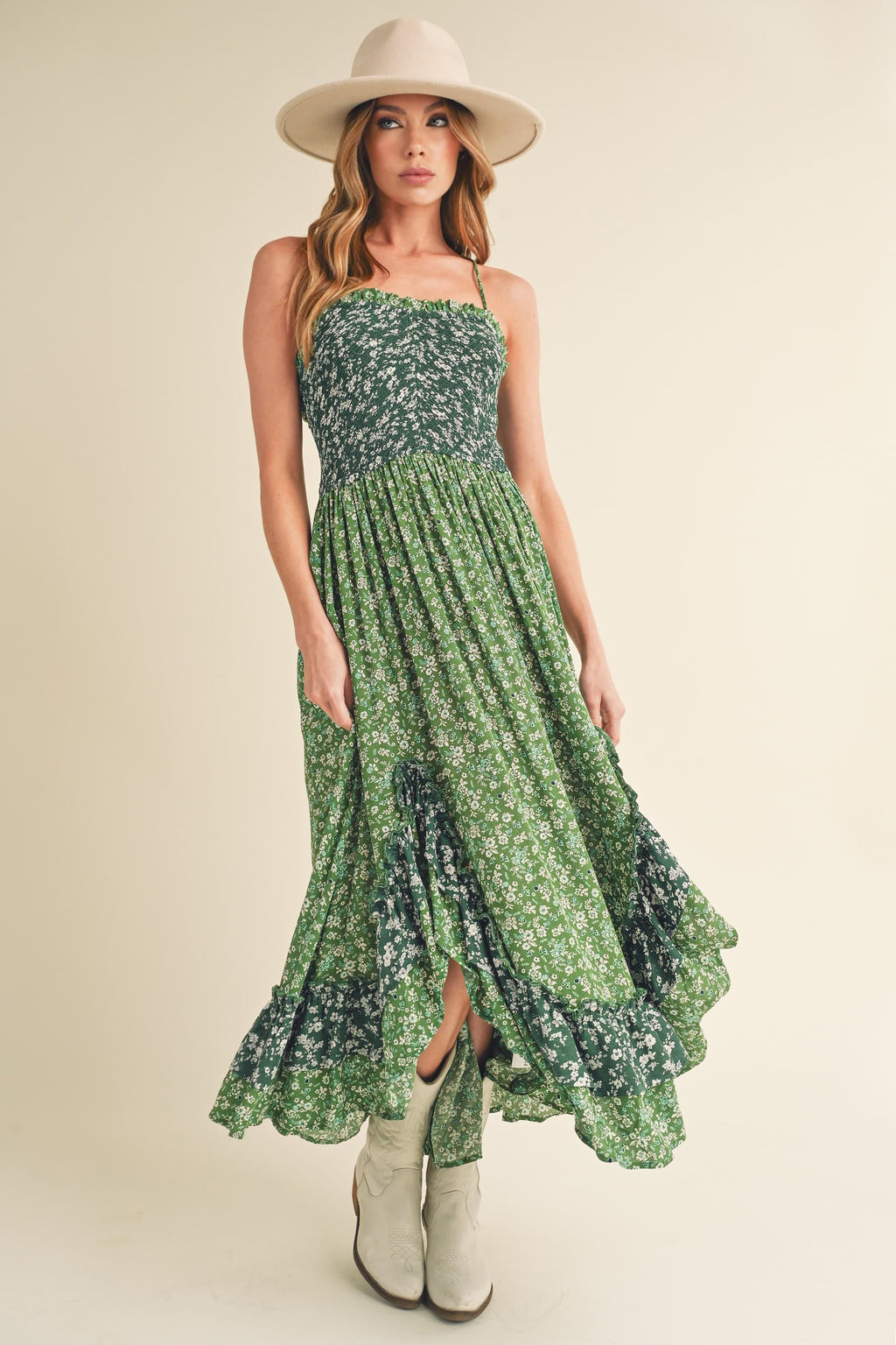 Ditsy Floral Ruffled Hem Maxi Cami Dress in Green & White