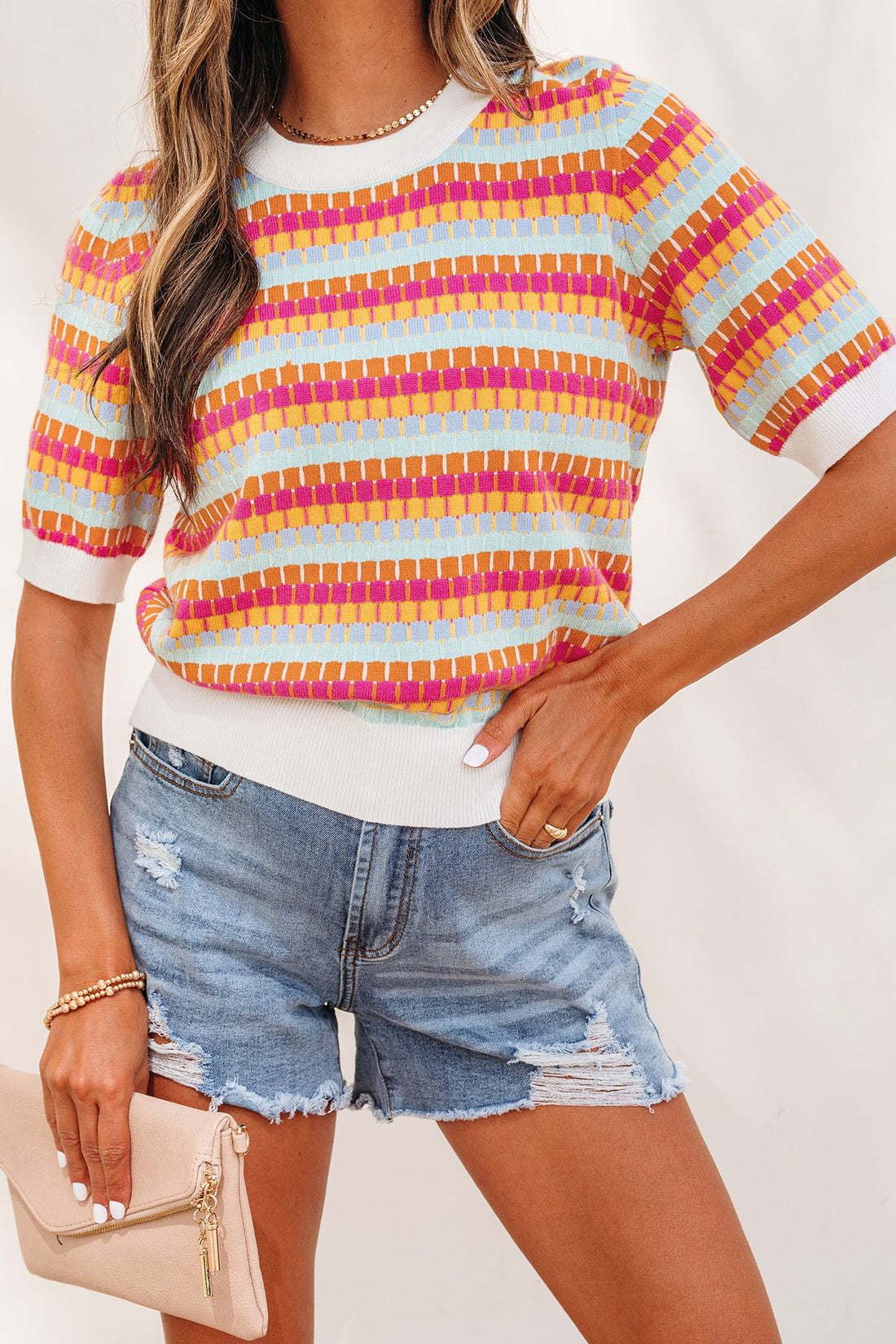 Bellamy Knit Short Sleeve Sweater Abstract Striped Crew Neck Top