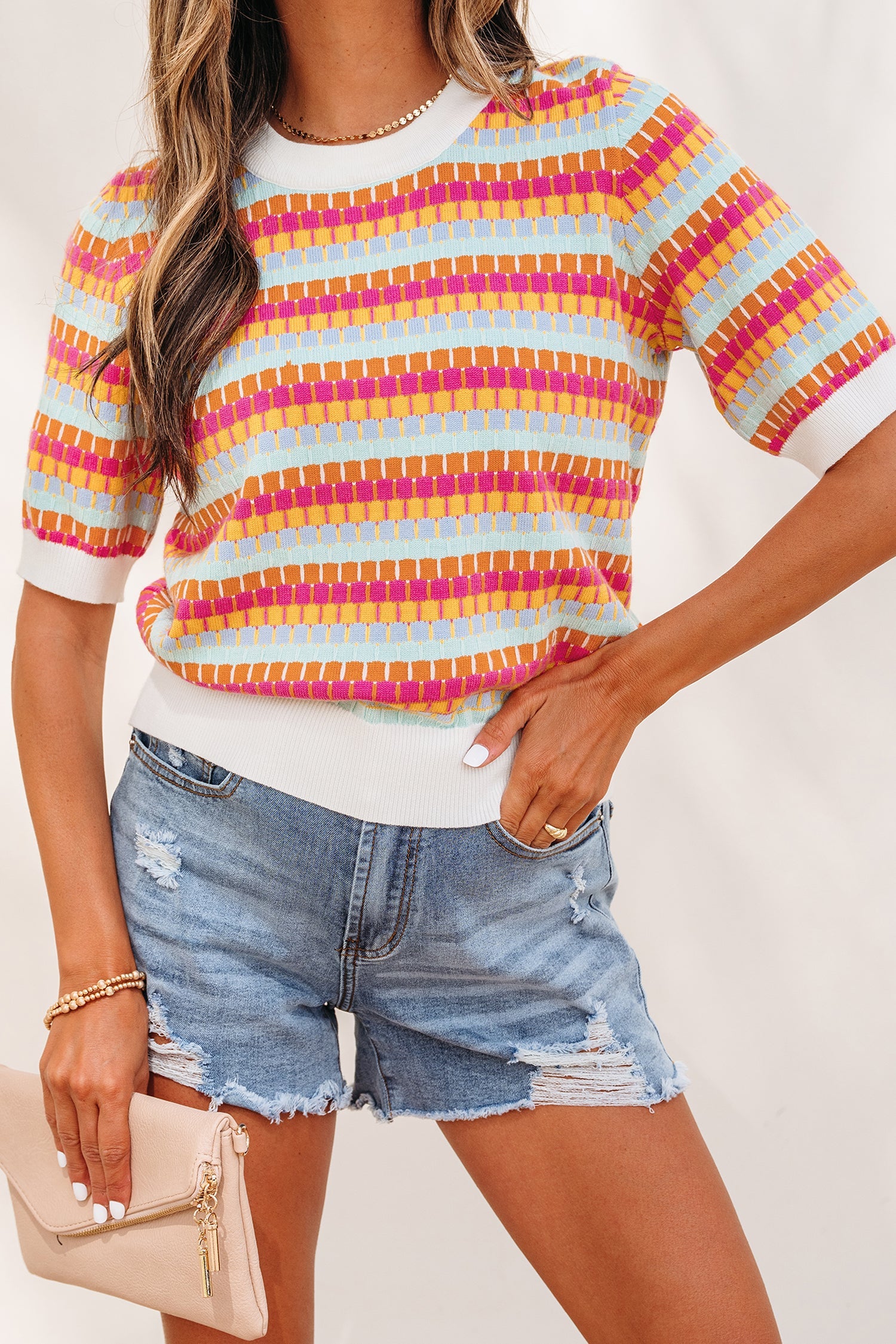 Bellamy Knit Short Sleeve Sweater Abstract Striped Crew Neck Top