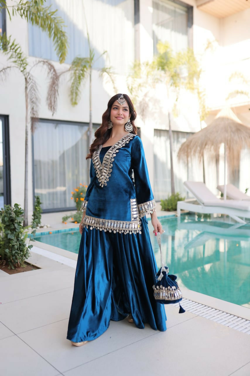 Rama Velvet Embroidered Sequence Work Readymade Kurta Set
