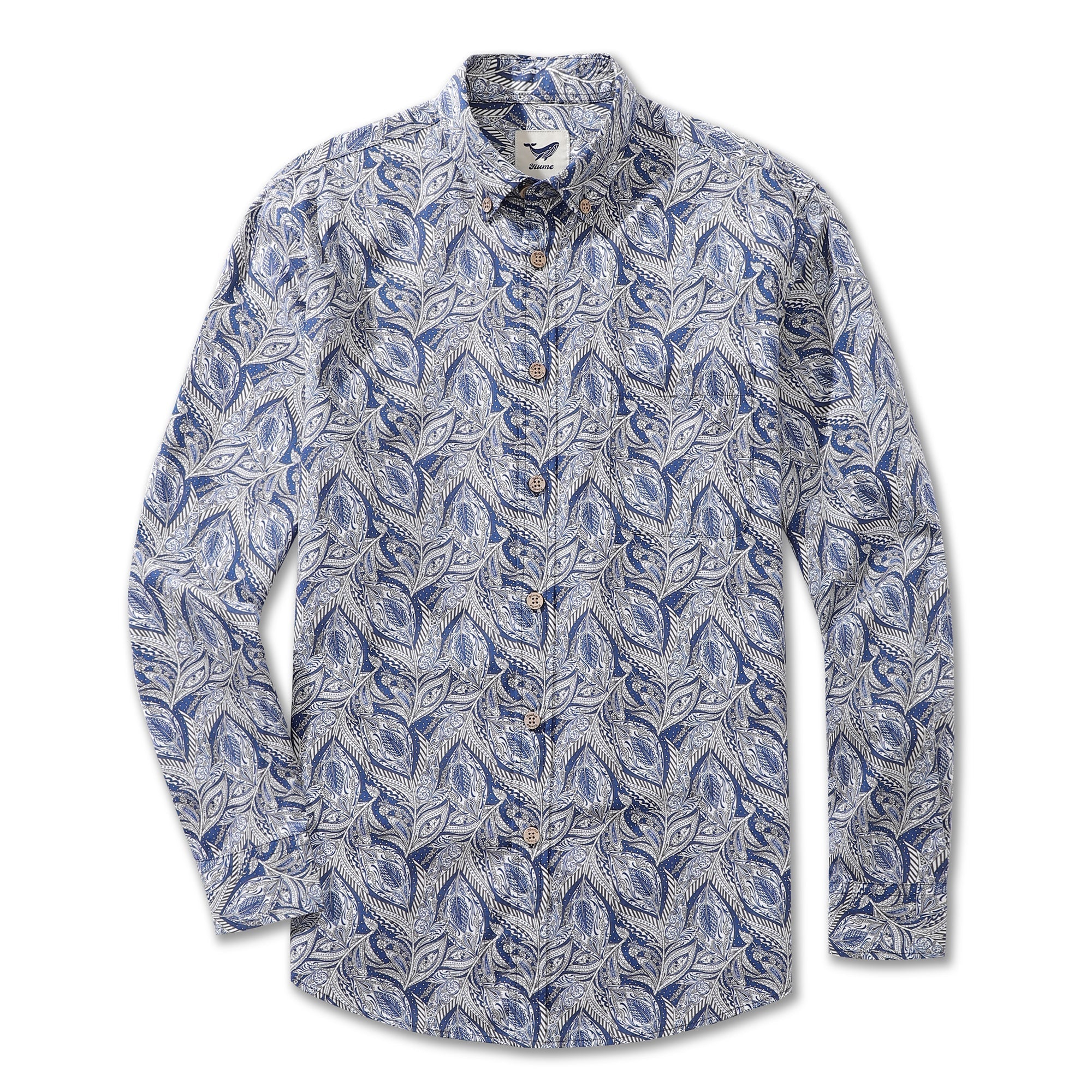 Men's Elm Tree Print Long Sleeve Cotton Hawaiian Shirt