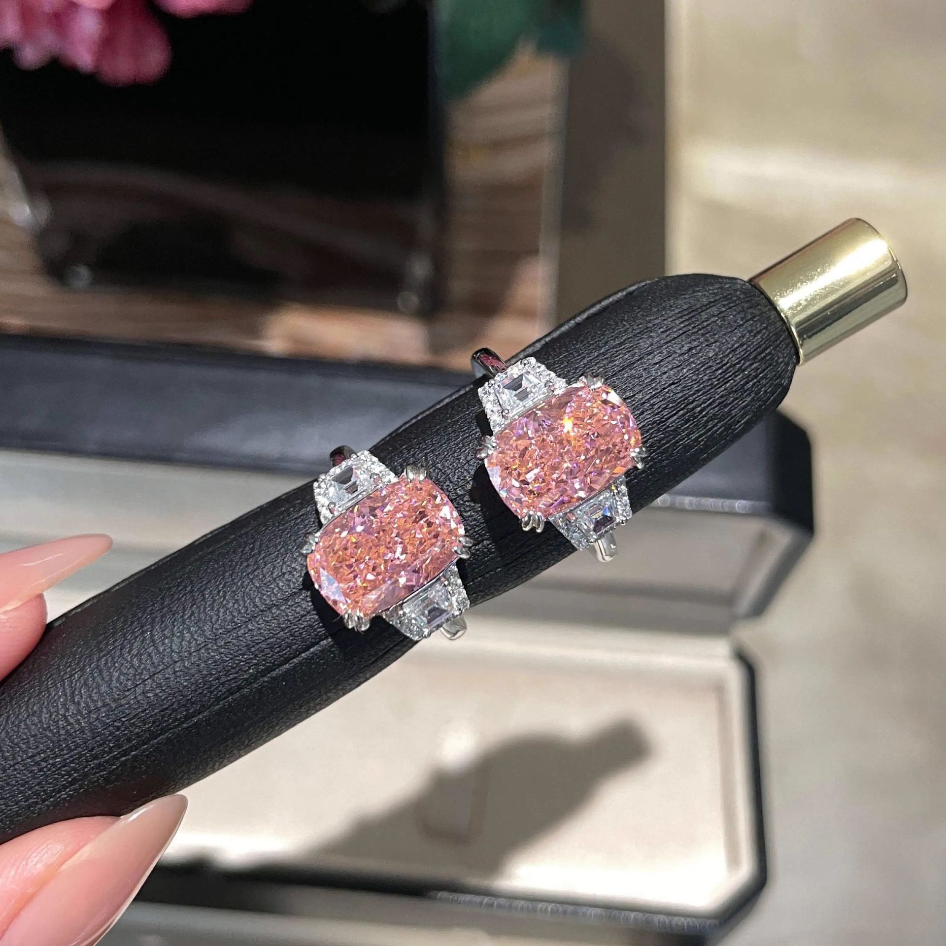 Luxury Heavy Craftsmanship Simulated Diamond Ring, Large Carat Ice Flower Cut Elongated Cushion High Carbon Diamond Ring For Women