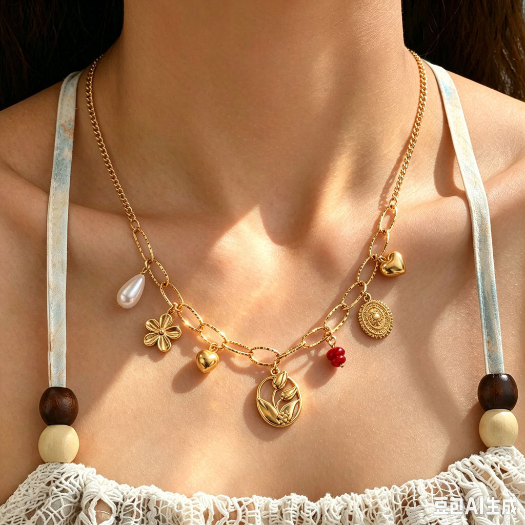 Women Paperclip Multi Charm Necklace, Vintage Coin Flower Heart Tulip Faux Pearl Beaded Chain PVD Gold Plated Adjustable Collarbone Jewelry For Daily Vacation Gift