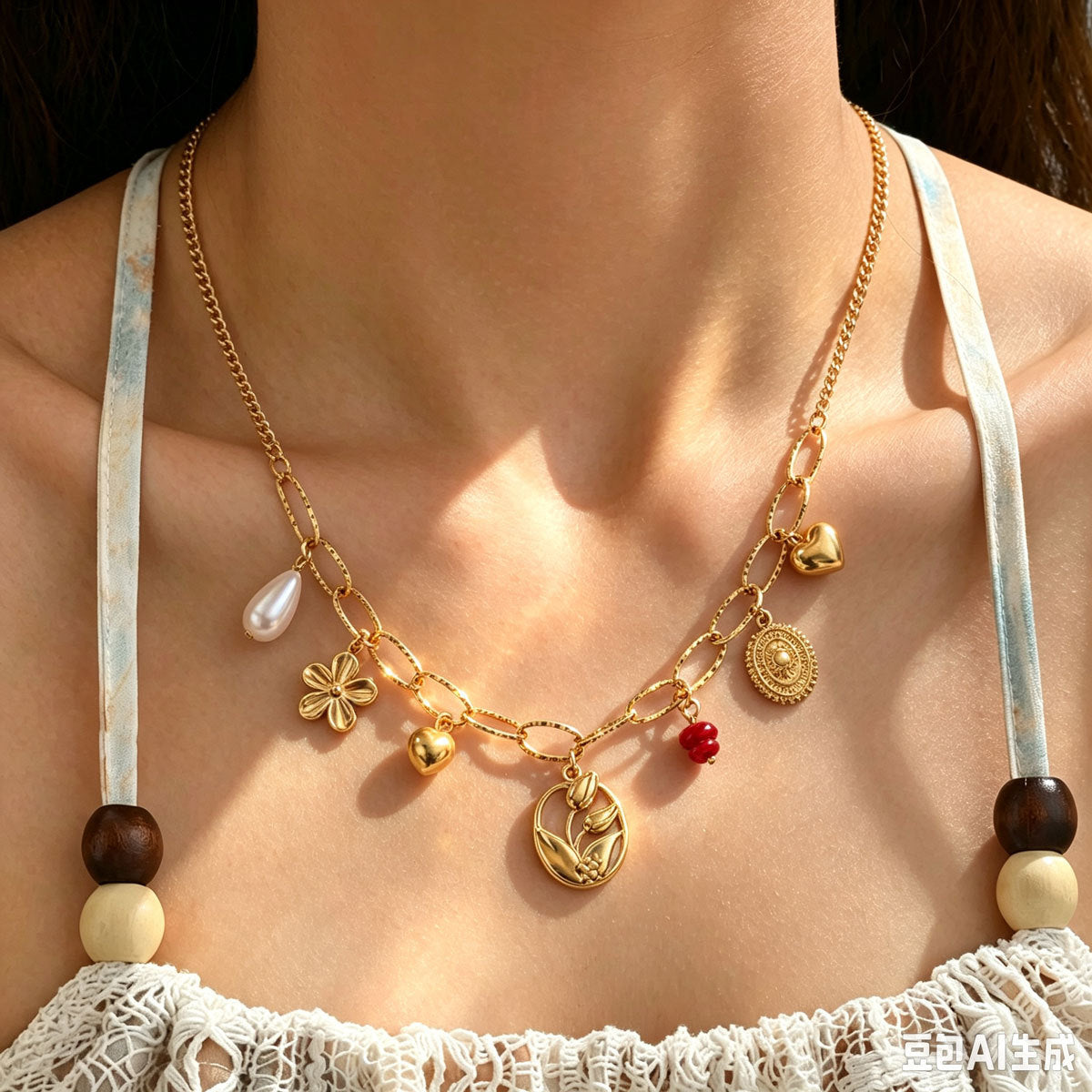 Women Paperclip Multi Charm Necklace, Vintage Coin Flower Heart Tulip Faux Pearl Beaded Chain PVD Gold Plated Adjustable Collarbone Jewelry For Daily Vacation Gift