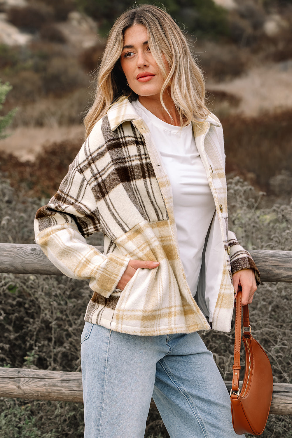 Women's Cream and Tan Plaid Patchwork Button Down Shacket - Image 6