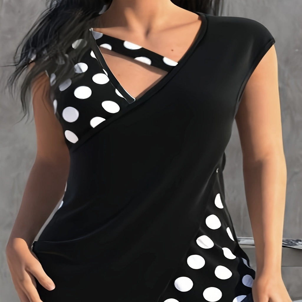 Women's black sleeveless top with an asymmetric collar and white polka dot pattern on one side.
