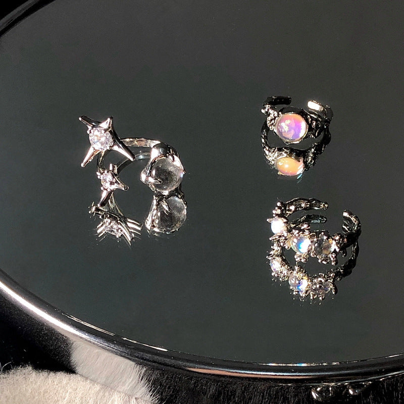 High-End Opal & Moonstone Ring For Women, Luxury Niche Design, Lava Zircon Adjustable Index Finger Ring
