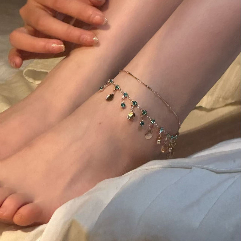 Double-Layer Shell Tassel Anklet with Rhinestone Accents