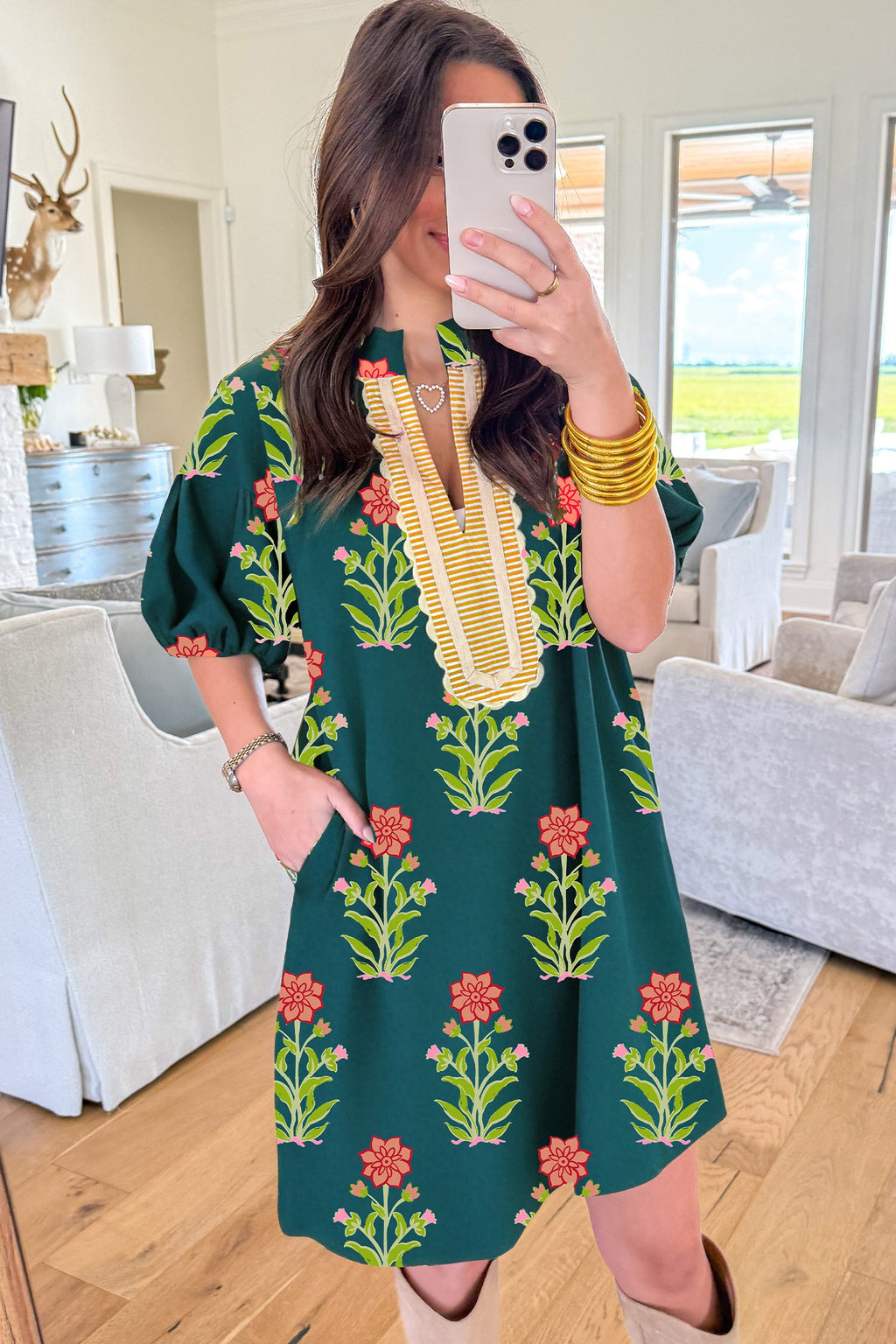 Green Floral Print Contrast Trim Striped Patchwork Dress