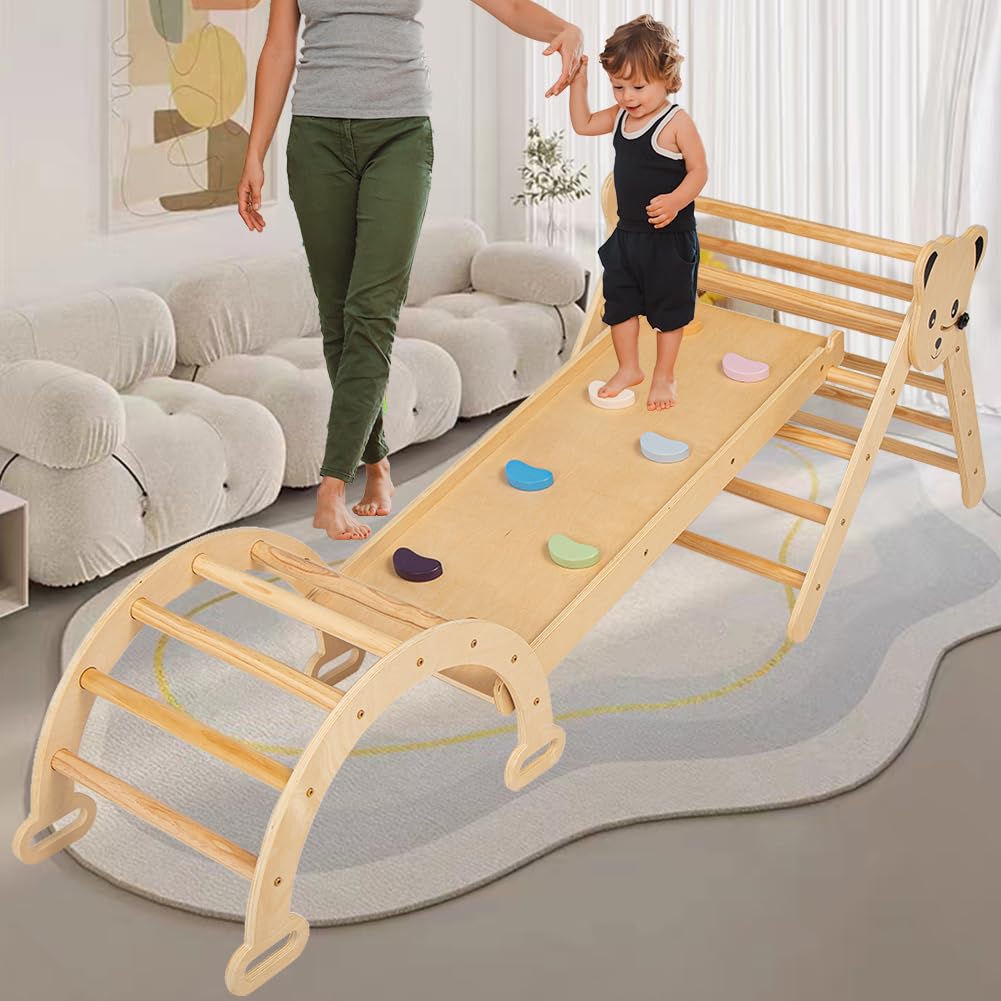Pickler Pikler Triangle Set Climber 3 Piece Climbing Gym woodandhearts Montessori Climbing Set Toys Play Structure Jungle Gym SlideIndoor Wooden Climbing Arch Toy Climb for Toddlers Baby Kids Infant