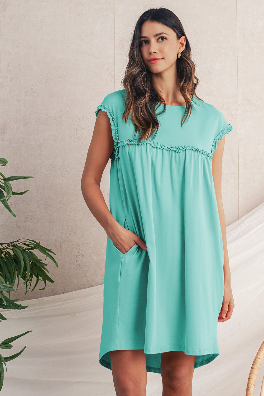 Mint Green Frilled Trim Crewneck Mini Dress | Relaxed Fit