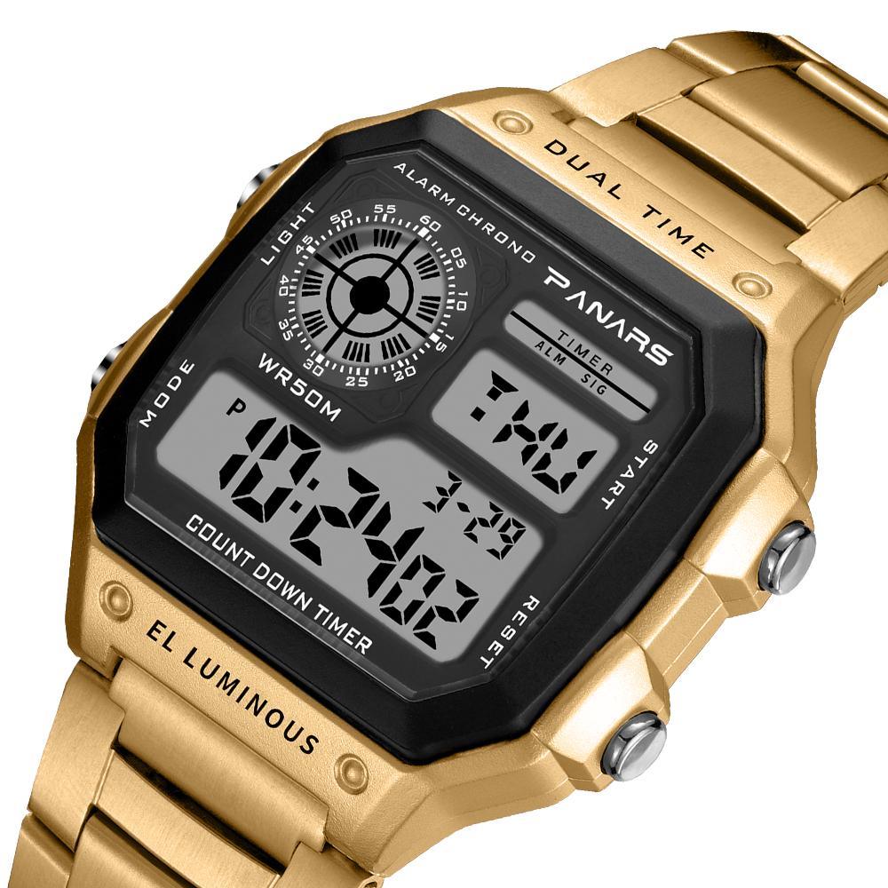 Unisex square retro digital watch with silver stainless steel band.