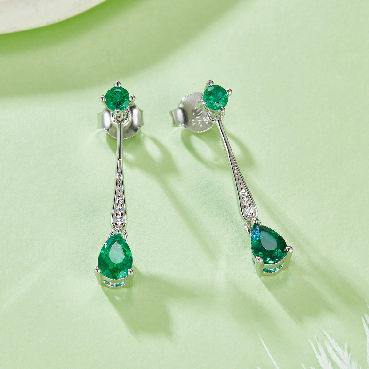 S925 Silver 1.7g Lab-Created Emerald Drop Earrings, 0.5ct 6x4mm Pear & Round, Pair