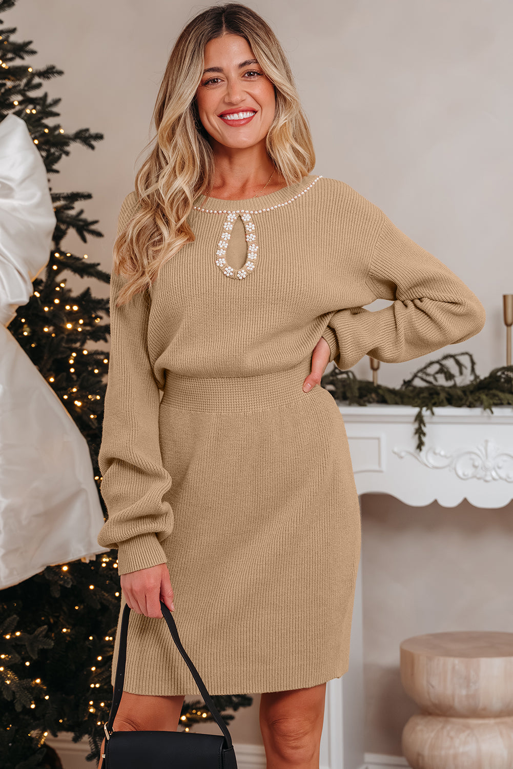 Smoke Gray Pearl Embellished Keyhole Ribbed Knit Dress