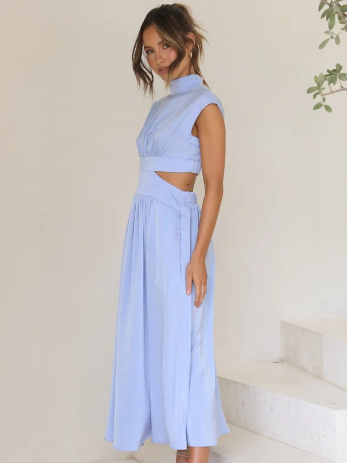 Modern Cutout Mock Neck Sleeveless Ruched Mini Dress