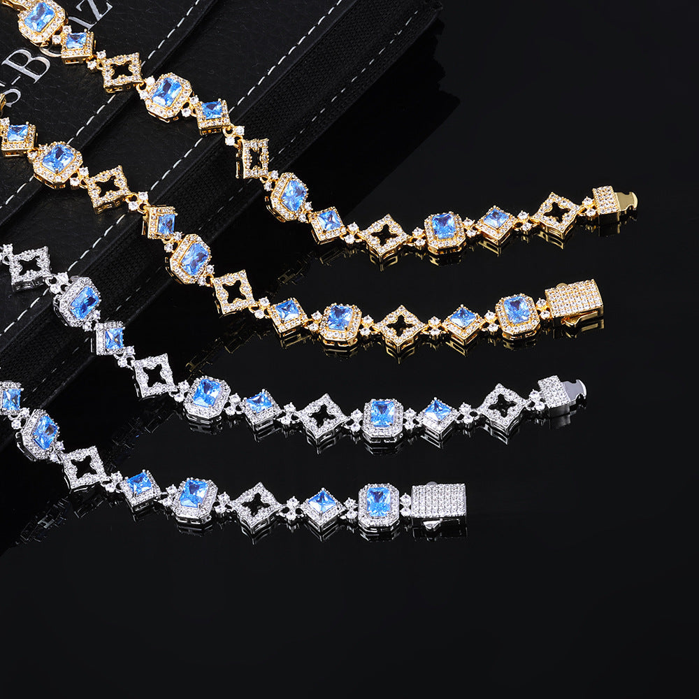 Geometric Sapphire Necklace Mens Fully Paved Zircon Bracelet