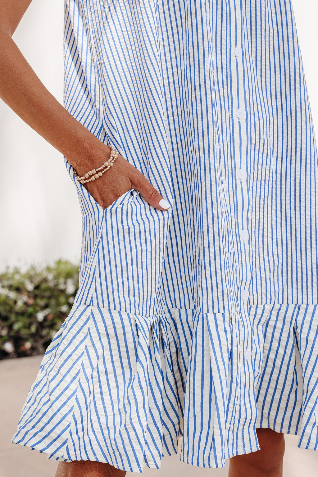 Noa Stripe Dress: Sleeveless Collared A-Line Mini in Blue/White