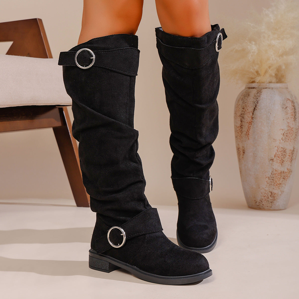 Women Flat Pleated Western Cowboy Boots with Buckle Detail - Image 6