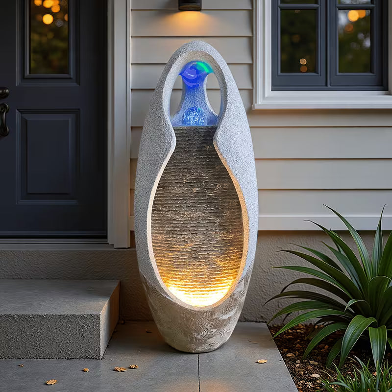 27.6 in Floor-Standing Cobblestone Fountain with Lights