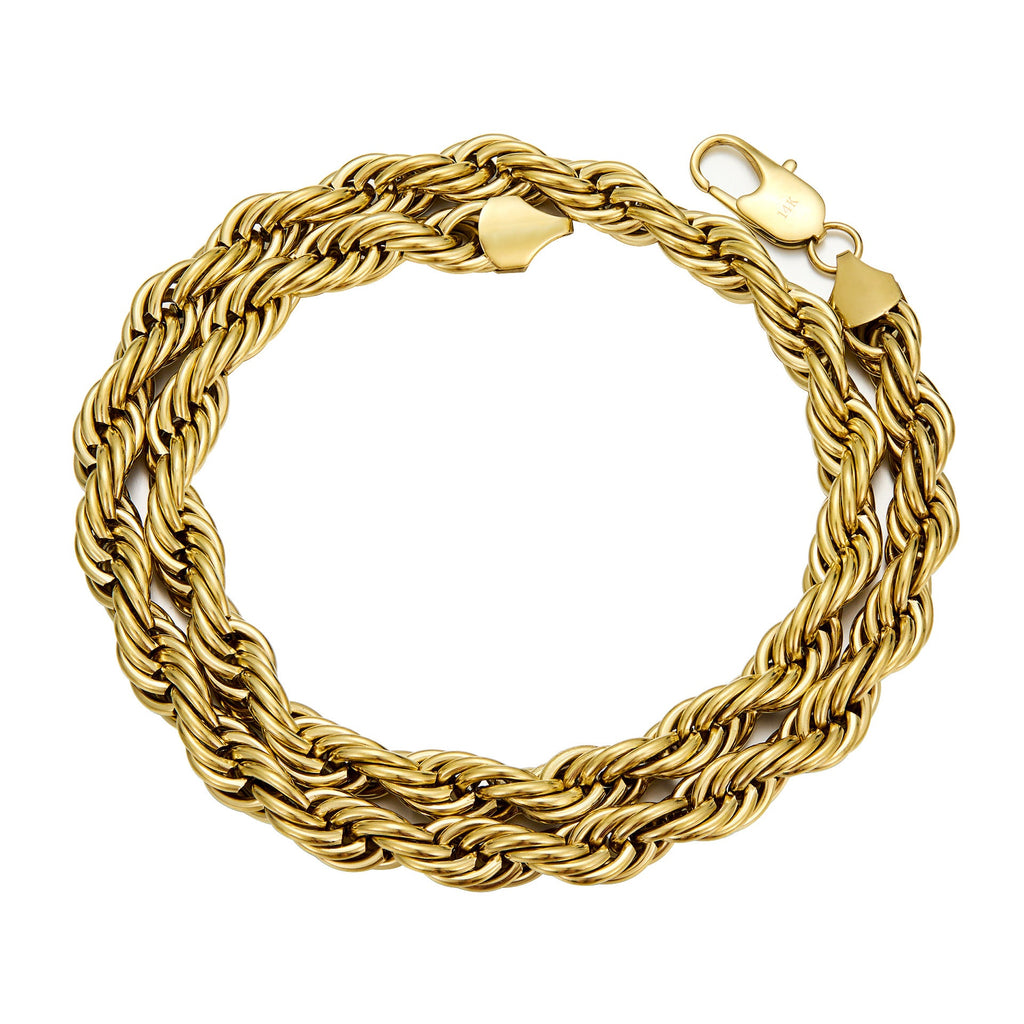 14K Gold-Plated Mens Hip-Hop Flat-Clasp Rope Necklace