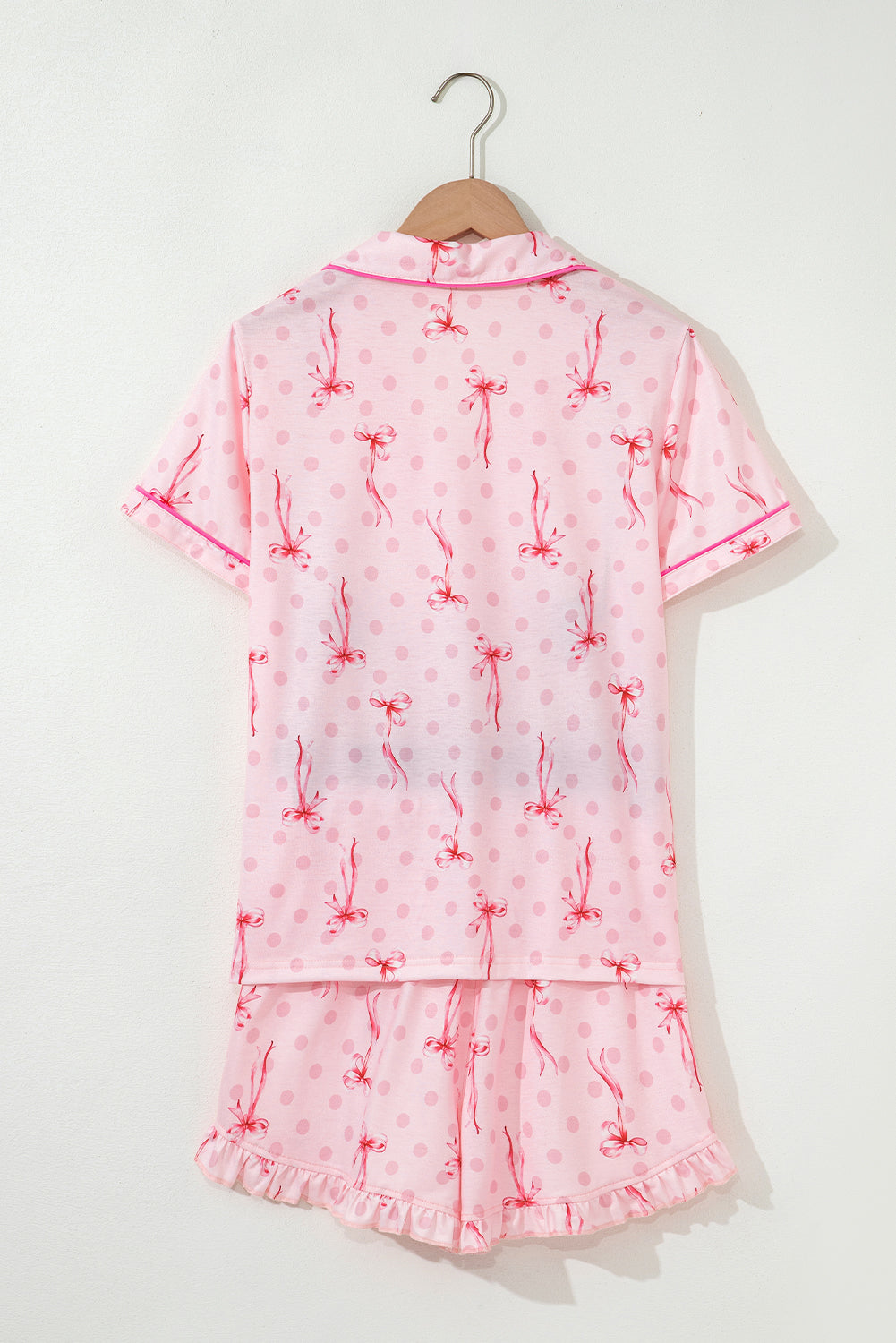 Pink Bow Print Contrast Piping Short Pajamas Set