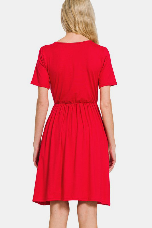 Red Surplice Short Sleeve Brushed DTY Dress