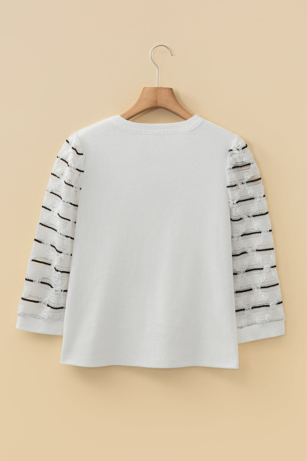 White Button Placket 3/4 Striped Sleeve Patchwork Rib Knit Top