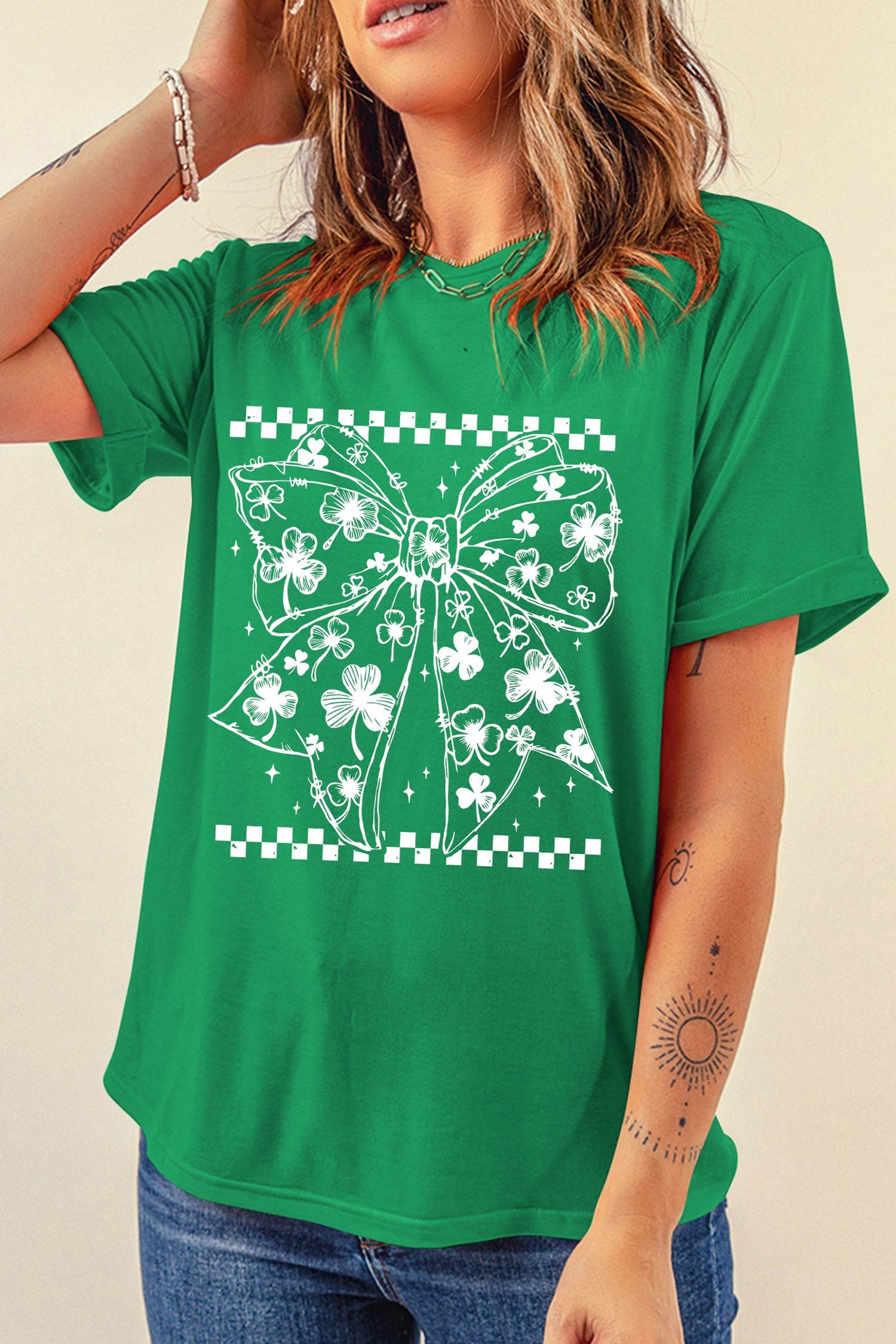 Bright Green Clover Bow Checkered Casual T-Shirt