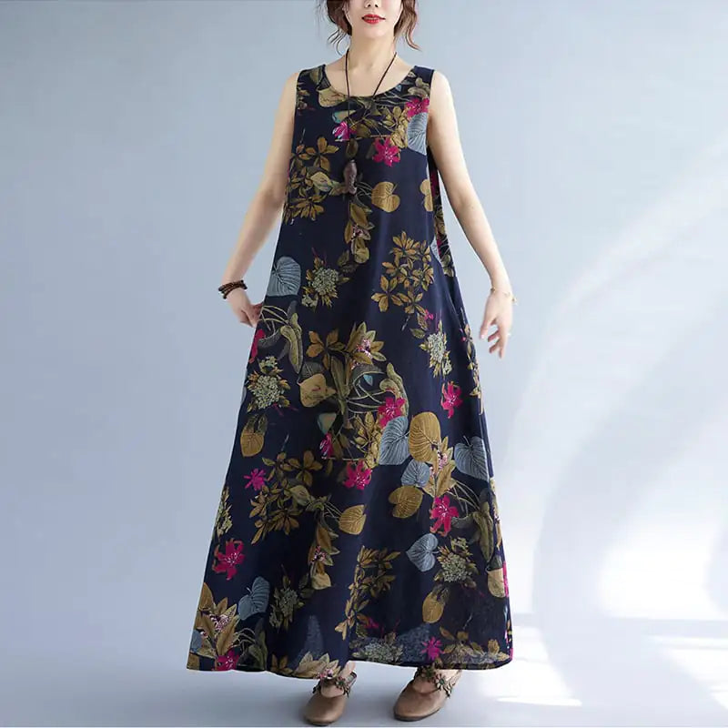 Women's Floral Print Cotton Linen Sleeveless A-Line Maxi Dress - Image 20