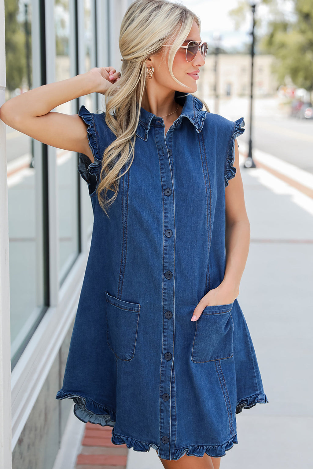 Sail Blue Ruffled Edge Collared Shift Denim Dress with Pockets