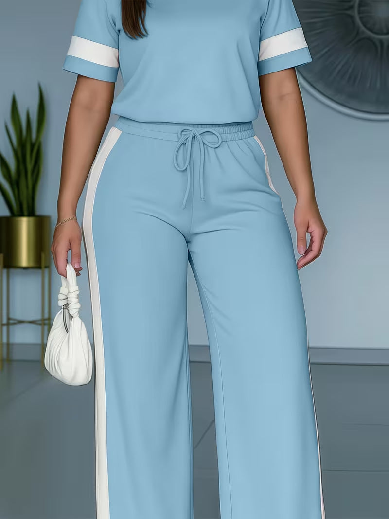 Women's Short Sleeve Color-Block Contrast 2-Piece Pants Set