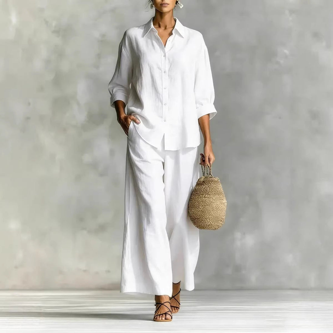 Cotton-Linen Button-Down Shirt and Wide-Leg Pants Two-Piece Set - Image 7