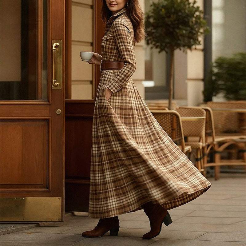 Women's Plaid Lapel Maxi Shirt Dress with Belted Waist - Image 6