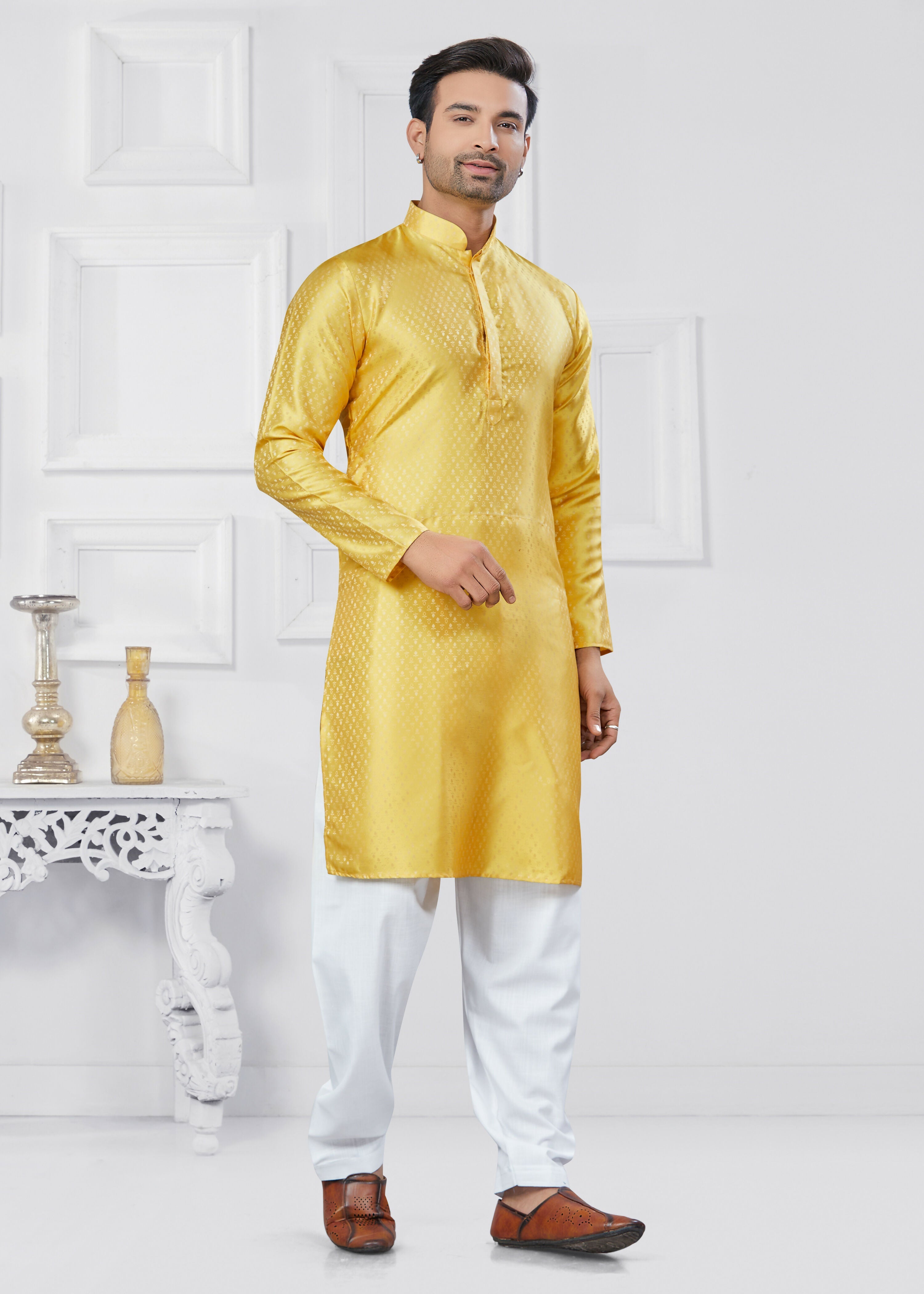 Men's Yellow Jacquard Silk Printed Kurta Pyjama Ethnic Set