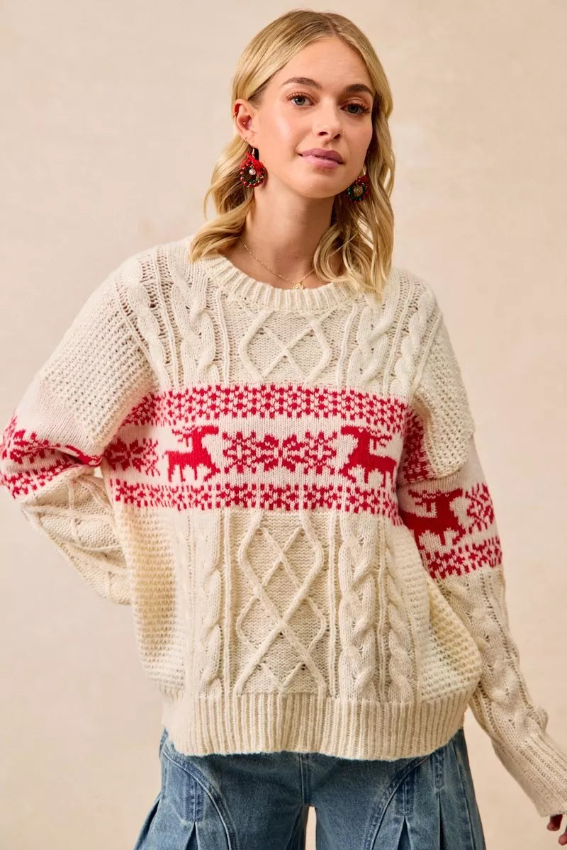 Christmas Fair Isle Cable Knit Sweater in Red